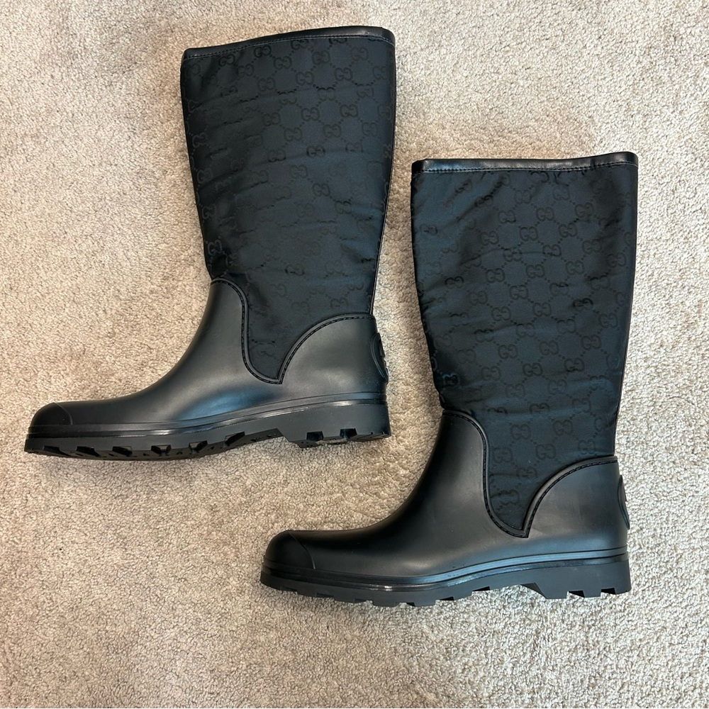 Gucci Black GG Monogram Signature Nylon Canvas Rubber Rain Boots 40 - Picture 14 of 14
